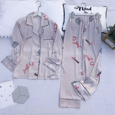 

Long Sleeve Pajamas Autumn Ice Silk Long Sleeve Trousers Suit Printing Fashion Pyjamas Set