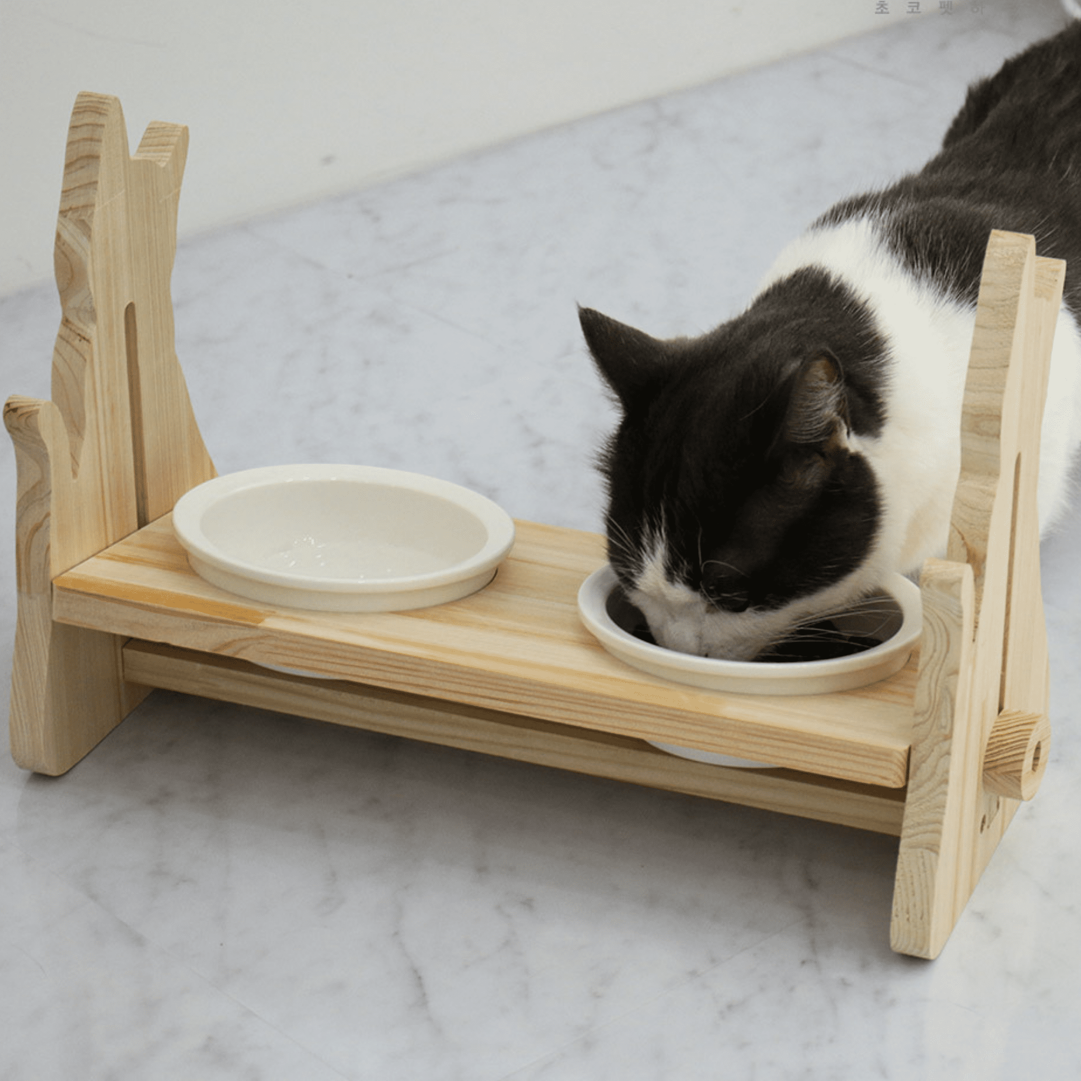 Cypress Wood Adjustable Bowl Set - For Dog & Cat Allergy Free Height Adjustable, Relaxing Angle, Sanitary Ceramic Dishes with high end furniture grade.