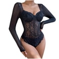 thumbnail image 2 of Tejiojio Women's Solid Lace Long Sleeved V-neck Skintight Onesie Bodysuits Clearance Womens Plus Shorts, 2 of 7