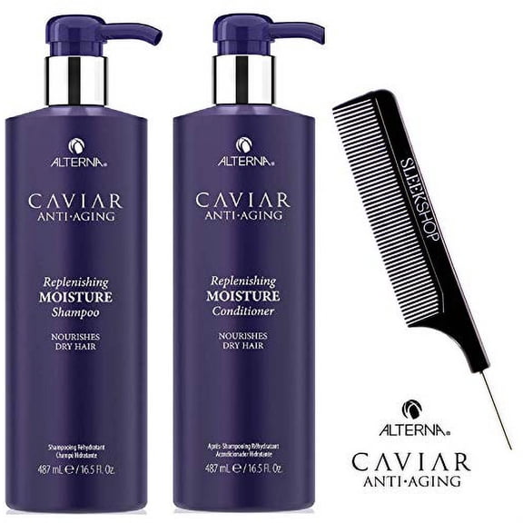 Alterna CAVIAR Anti-Aging REPLENISHING MOISTURE Shampoo & Conditioner DUO w/COMB - 16.5 oz / 487 ml DUO KIT with pumps