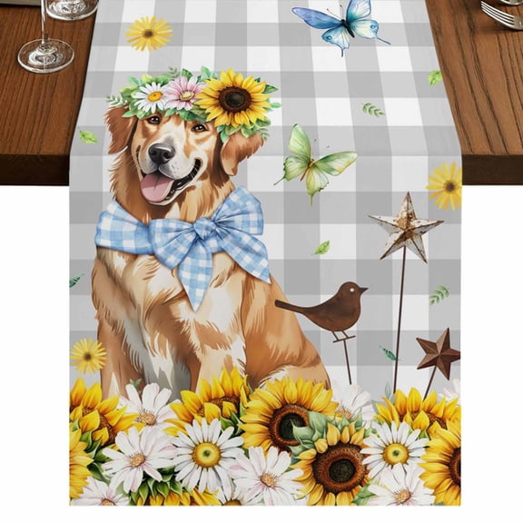 Table Runners 90 Inches Long Dress Scarves, Sunflowers Dog Farmhouse Coffee/Dining/Kitchen Table Runner for Living Room, Spring Watercolor Floral Stars Grey Plaid 13x90 Inch