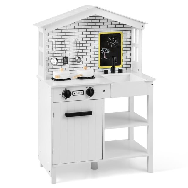 Costway Juguete de Cocina para Niños de 3+ Años Juego de Cocina de Madera con Pizarra Ventanas Estantes y Ganchos 62 x 33 x 90 cm Blanco