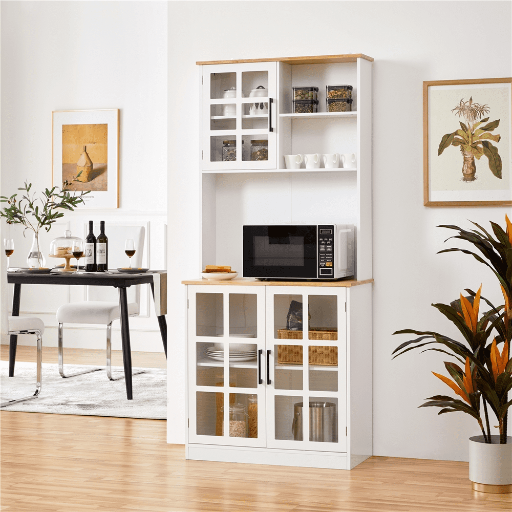 Topeakmart Kitchen Pantry with 3 Cabinets & 2 Open Shelves, White - 1