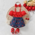 thumbnail image 2 of WUANDIXFA Spring Outfits Baby Girl 3PCS Cute with Ruffled Top Heart Shaped Denim Set with Headband 12-18 Months,Red, 2 of 6