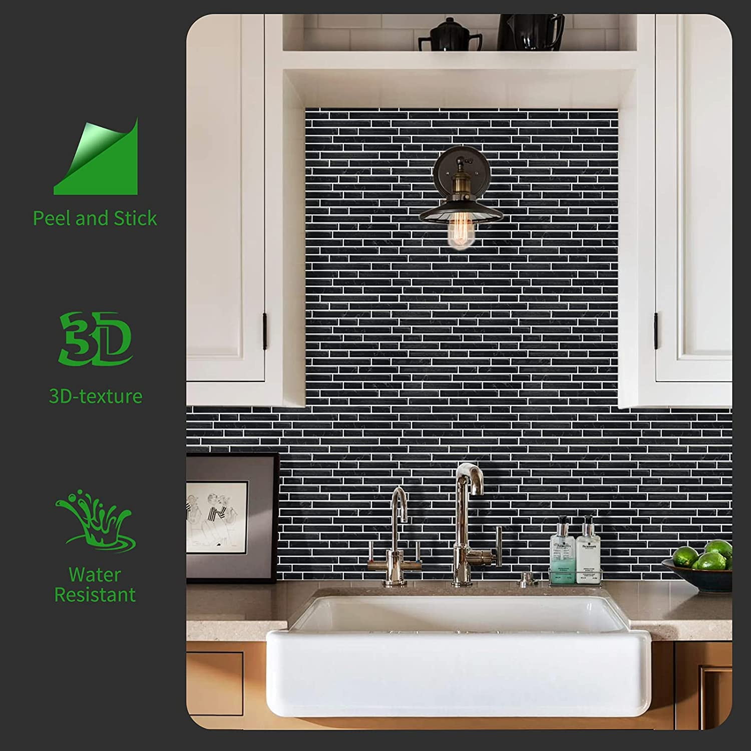 LONGKING Self-Adhesive Kitchen Backsplash, Vinyl Decorative Tiles (10 Tiles)