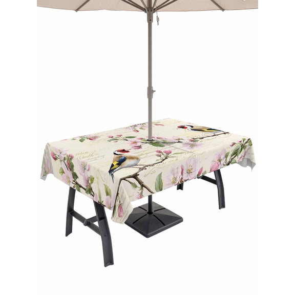 Outdoor Tablecloth with Umbrella Hole for Patio/Picnic/Party/Camping, Pink Spring Floral Waterproof Table Cloth Rectangle Table Cover Washable, Birds Elegant Farmhouse Art (60"x 102")