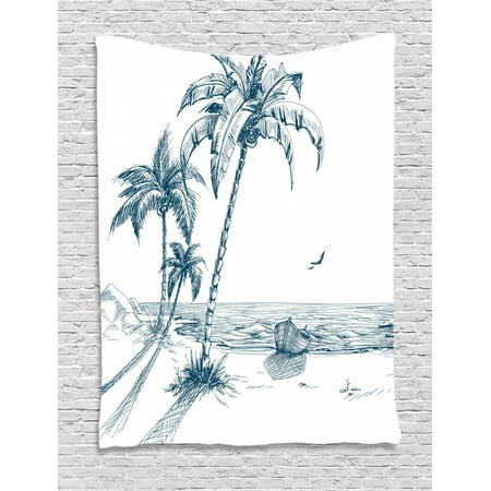 Island Tapestry Sketch Art Of A Tropical Seaside With Palm Trees Fishing Boat Flying Birds Wall Hanging For Bedroom Living Room Dorm Decor Petrol