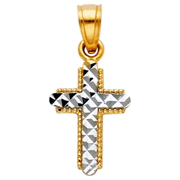 14K Two Tone Gold Cross Religious Pendant | 2T Gold Charm Pendant for Necklace Chain | Jewelry Gift for Men Women | 13 x 10 MM | 0.7 grams