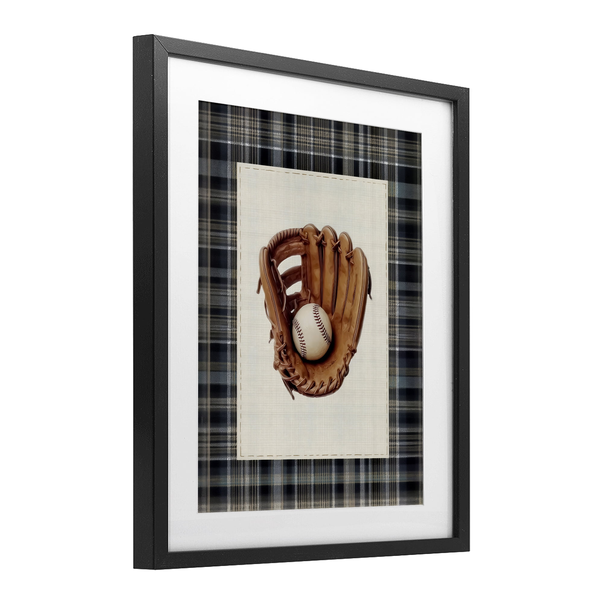 Stupell Industries Baseball Glove with Plaid Black Framed Print Under Glass, design by Arlington Prints