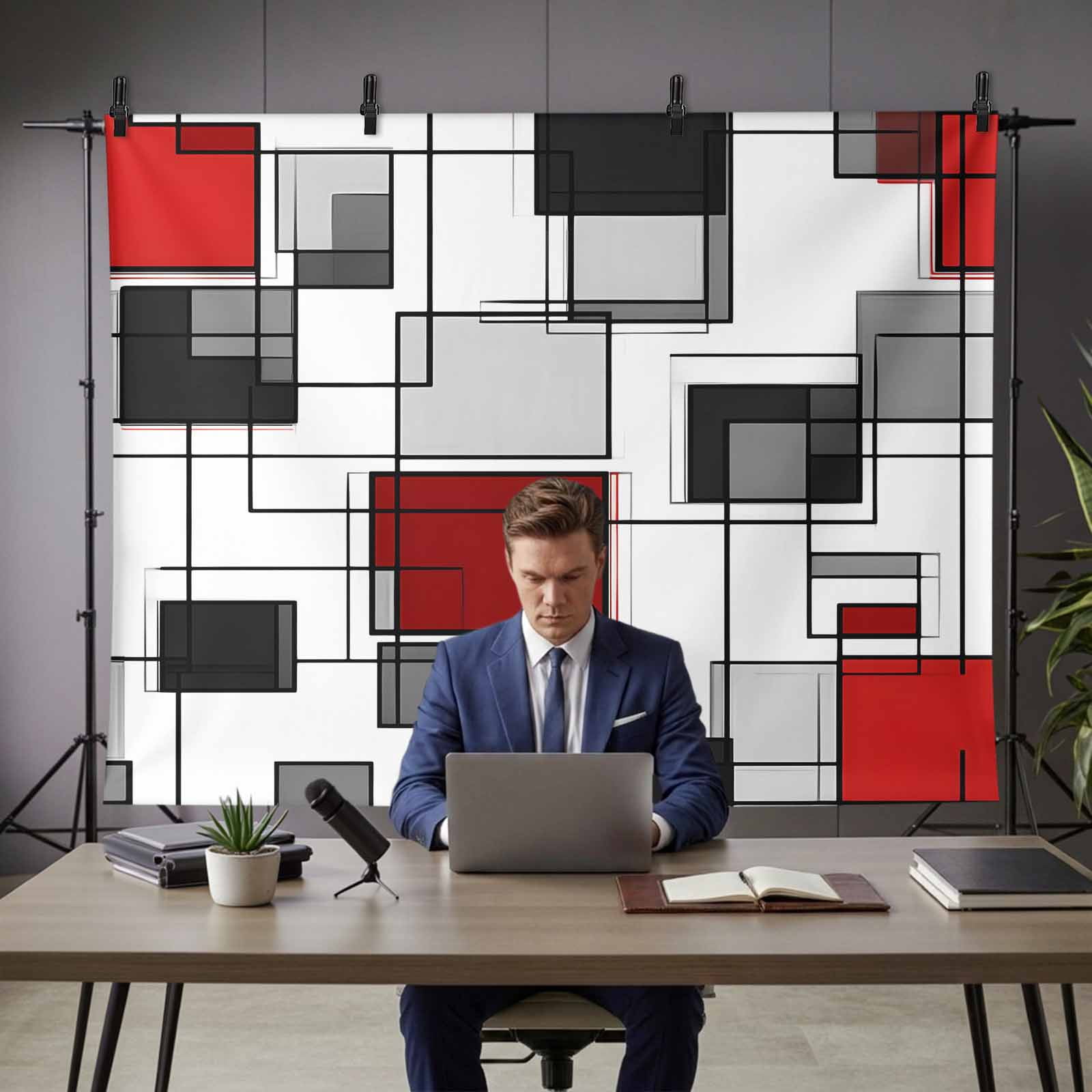 Space Design Sense Backdrop for Photography, Abstract Black Line Red Suqare Stitching Photo Backdrop Portrait Background Party Banner Photo Backgrounds for Studio Booth Props, 7x5ft