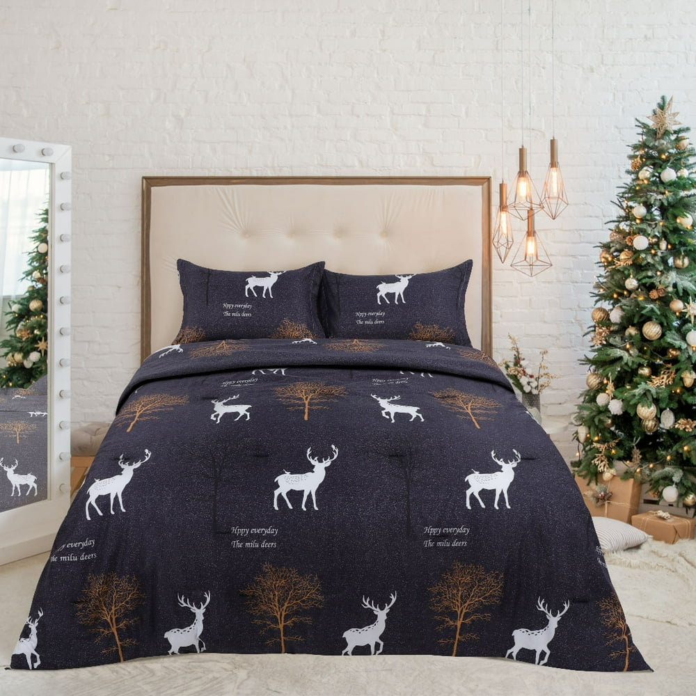 3-Piece Deer Bedding Comforter and Sham Set Polyester Twin Blue