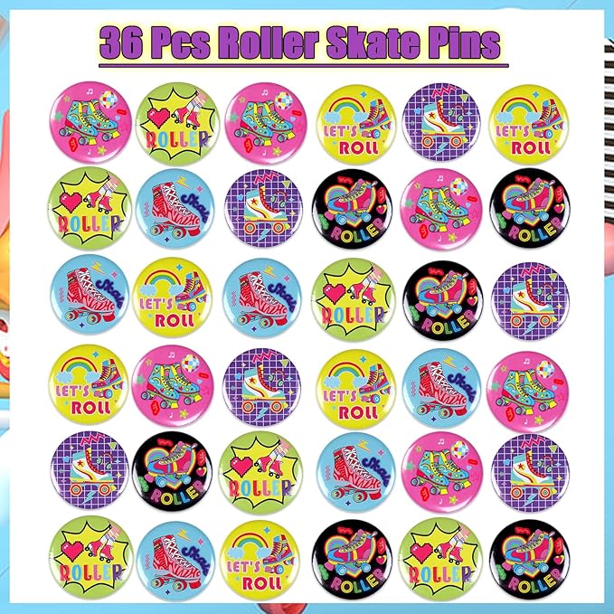 36Pcs Roller Skate Party Favors, Roller Skating Button Pins Bulk for Roller Skating Birthday Party Decorations, Tinplate Badge Pins for Retro 90s Throwback Hip Hop Baby Shower Party Supplies