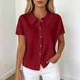 thumbnail image 2 of NinXxx Women‘s Lapel Collar Short Sleeve Blouse Button Front Loose Fit Top Red S, 2 of 5