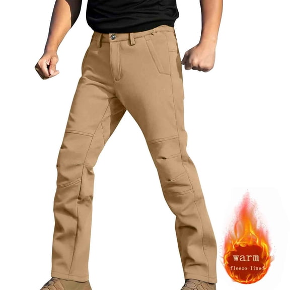 QSAWXQZ Men's Outdoor Fleece Lined Cargo Pants Waterproof Windproof Solid Straight Leg Pants with Pockets for Hiking Khaki XL