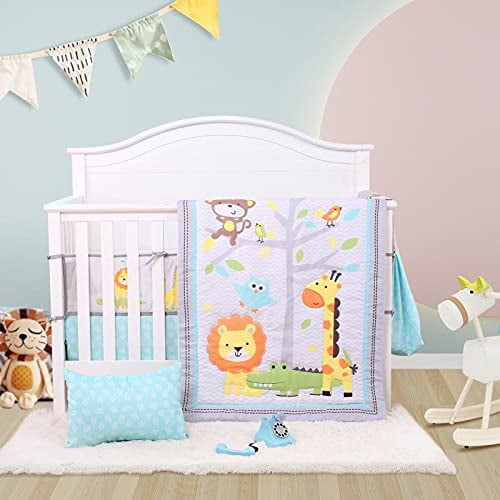 JISEN 3Piece Crib Bedding Set Zoo Party Design for Baby Boys or