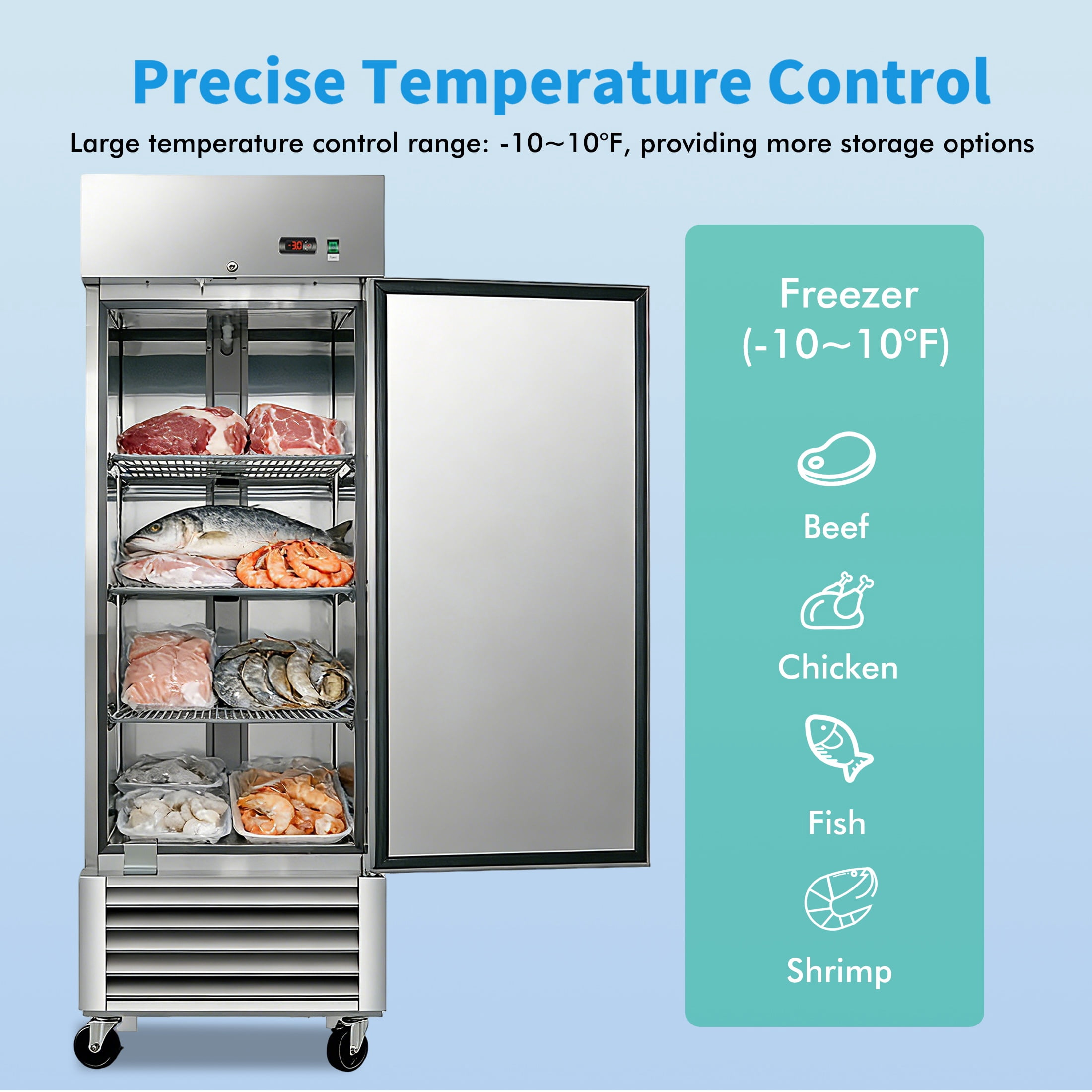 CTOSPOATO 27"W Commercial Freezer Single Solid Door Stainless Steel Interior and Exterior Construction Reach-in Freezer 18.68 Cu.ft. Upright Fan Cooling Freezer for Restaurant,Bar,Shop,Kitchen