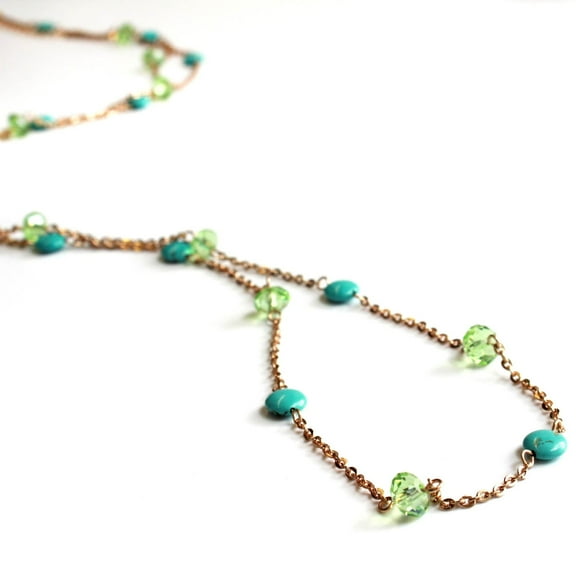 Genuine Turquoise and Crystal Long Station Necklace - 40 Inch with 3 Inch Extender Jewelry Necklace Gold