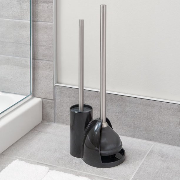 iDesign Toilet Bowl Brush and Plunger Set for Bathroom Storage, Black