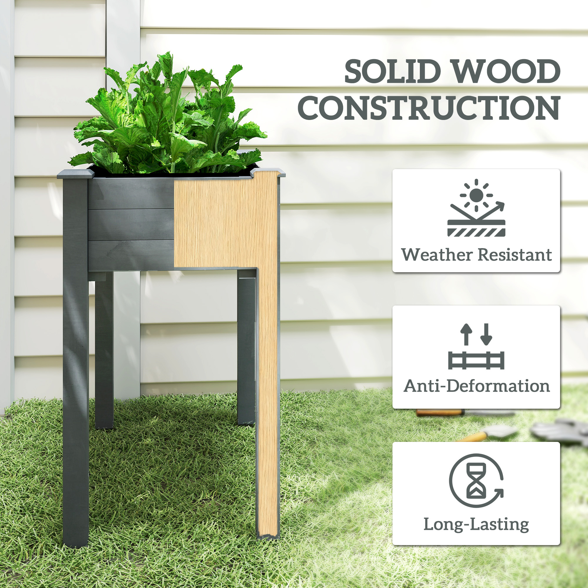 Outsunny 34" Raised Garden Bed, Elevated Wooden Planter Box w/ Draining Holes for Vegetables, Herb and Flowers Backyard, Patio, Balcony Use, Dark Gray