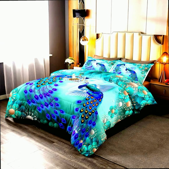 Peacock Paradise Floral Comforter Set - Exotic Birds Navy Blue Teal Queen Size - Natural Bedroom Decor 3 Piece Bedding Set
