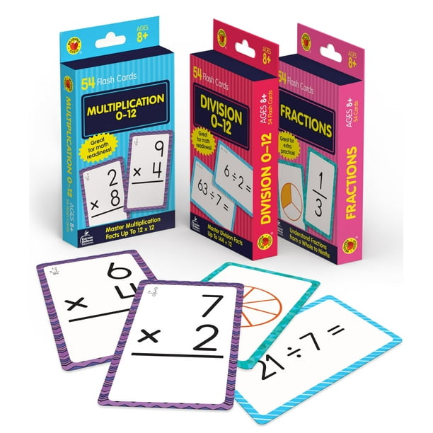 Cartas didácticas matemáticas Carson Dellosa, paquete de 3 unidades, multiplicación, división, fracción, tercero, cuarto y quinto grado