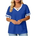 thumbnail image 2 of YUGYXL Womens T-Shirt Short Sleeve Summer Oversized Tops V Neck Casual Basic Tees Fashion Color Block Plus Size Comfy Clothes Blue Tops L, 2 of 5