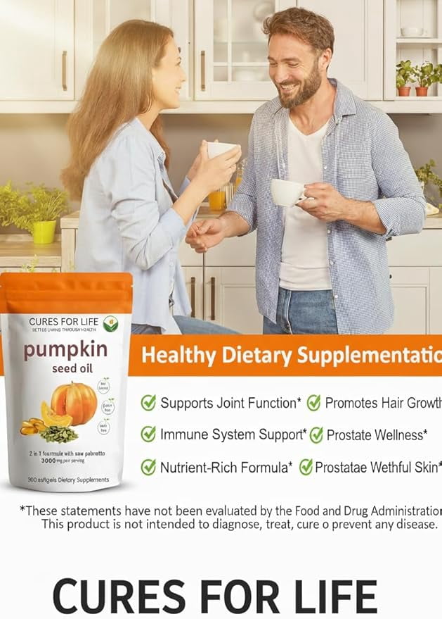 Cures For Life Pumpkin Seed Oil with Saw Palmetto – 3000mg Per Serving, 300 Softgels | Cold Pressed Virgin Oil | Supports Prostate, Bladder, Urinary & Hair Health | Non-GMO