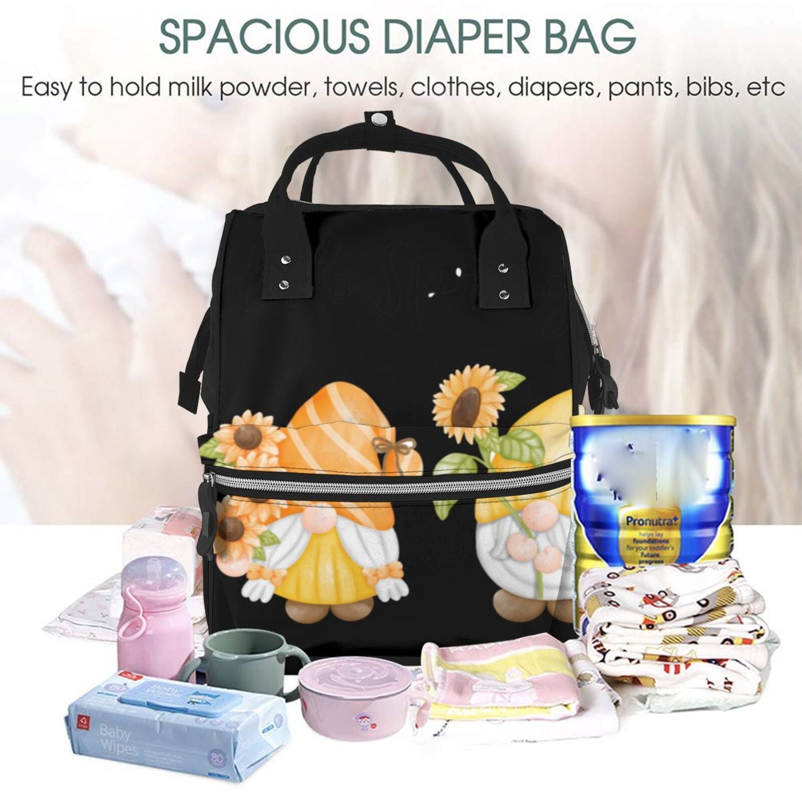 Fuzoiu Hello Spring Sunflower Gnomes Print Diaper Bag Backpack,Baby Essentials Travel Tote,Multi function Waterproof Diaper Bag, Travel Essentials Baby Bag - Unisex