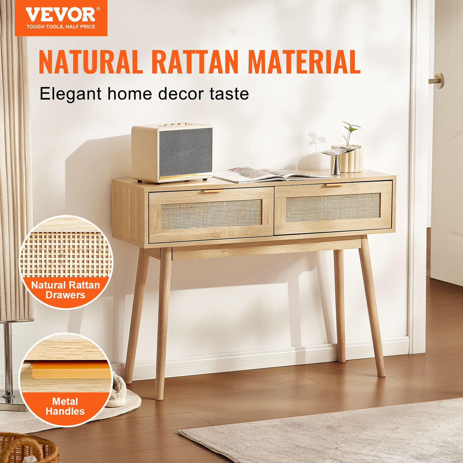 VEVOR Rattan Console Table with 2 Storage Drawers, Rattan Entryway Table with Natural Rattan Sliding Door, Console Sofa Table for Living Room, Study, Entryway Or TV Wall, Natural