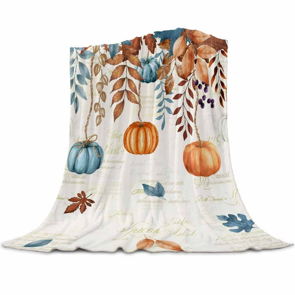 Orange Blue Pumpkin Flannel Blanket for Bed,Travel and Camping, Thanksgiving Autumn Maple Leaves Vintage Text Super Soft Cozy Blanket for All Seasons 40"x50"