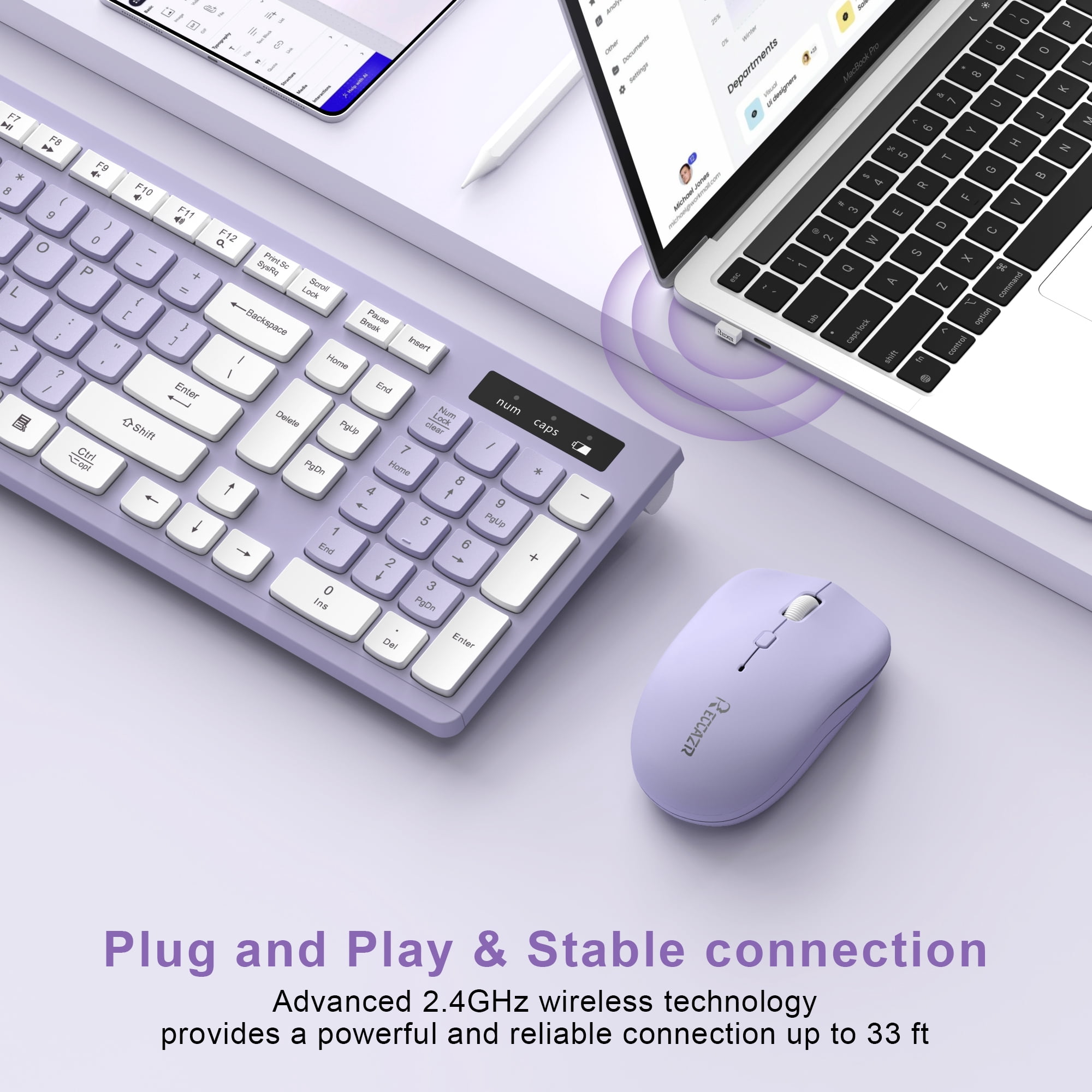 RECCAZR Wireless Keyboard and Mouse Combo for Windows, 2.4G Full Size, 12 Multimedia and Shortcut Keys, 3-Year Battery Life,  for Windows, Mac OS Desktop/Laptop/PC(Blue)