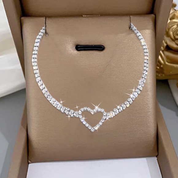 Broken Heart Necklace for Girls Choker Chain Tennis Choker Necklace Heart Locket Earrings Cursive Initial Necklaces Rhinestone Choker Necklace Silver Heart Necklaces 2 Chain