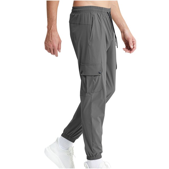 RXIRUCGD Men's Fashion Drawstring Elastic Waist Multi-Pocket Casual Sweat Length Pants, Gray, Size: L
