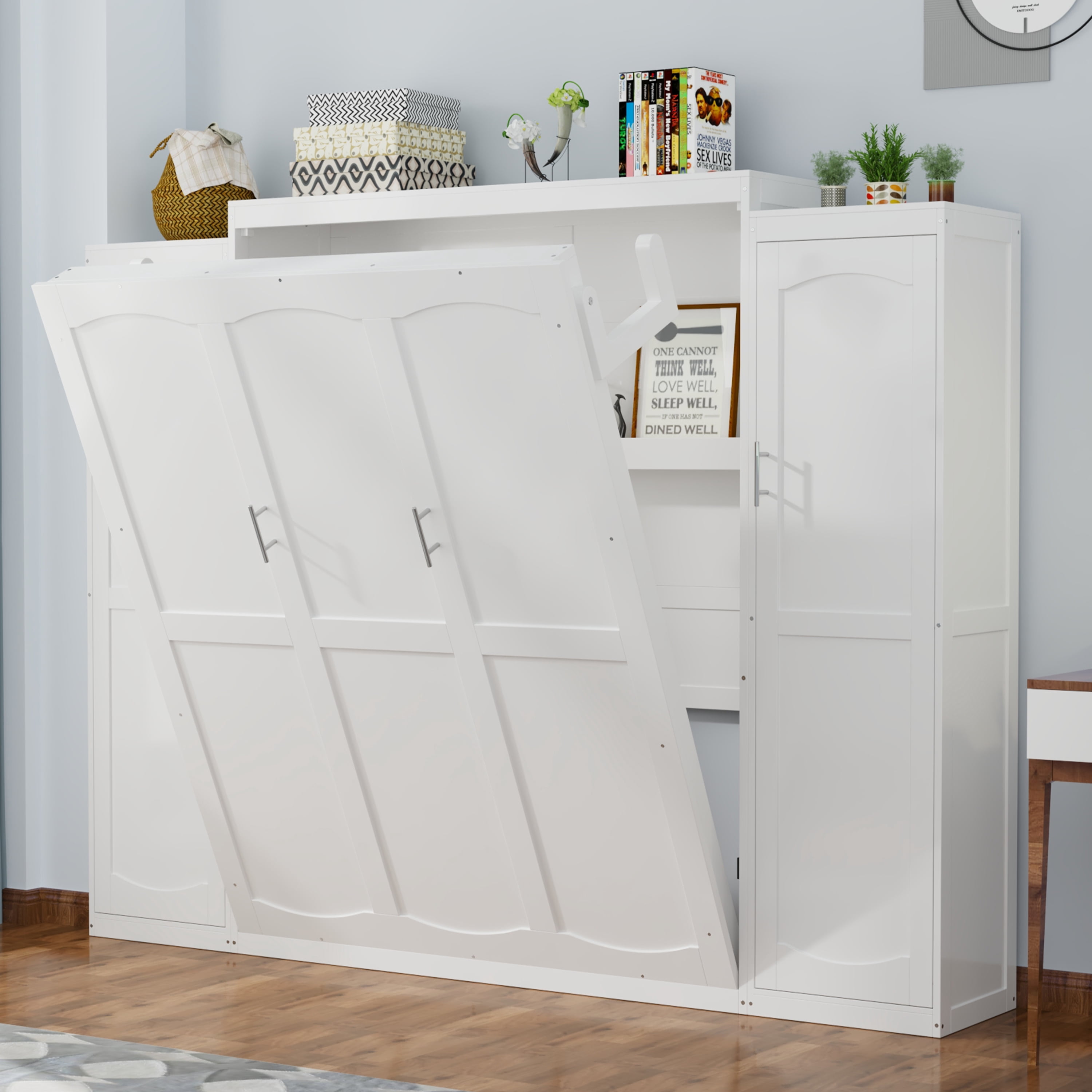 Euroco Wood Queen Size Murphy Bed with Storage Shelves, Wall Bed with Wardrobe for Bedroom