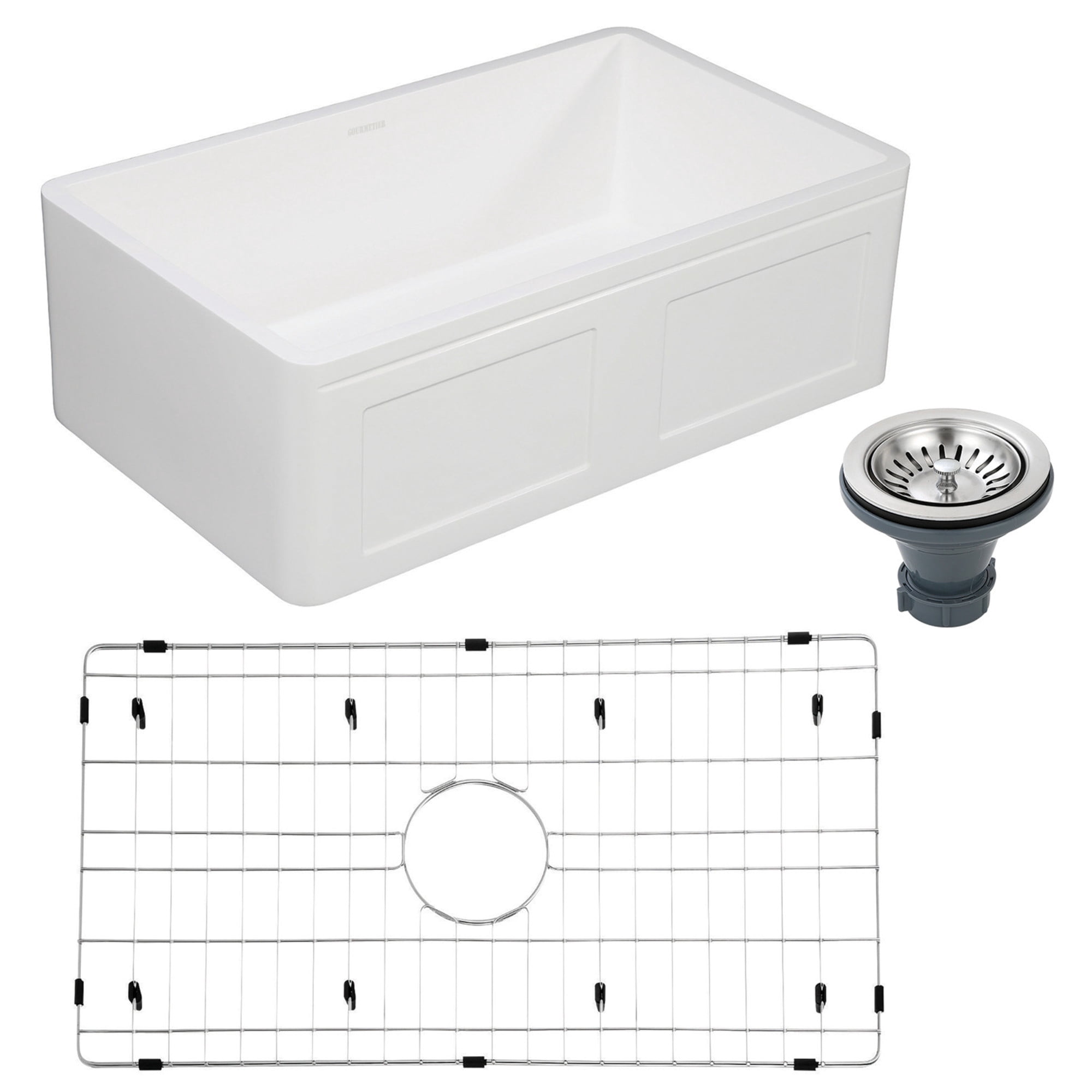 Gourmetier KGKFA301810DS Arcticstone 30-Inch Solid Surface White Stone Apron-Front Single Bowl Farmhouse Kitchen Sink with Strainer and Grid in Matte White/Brushed
