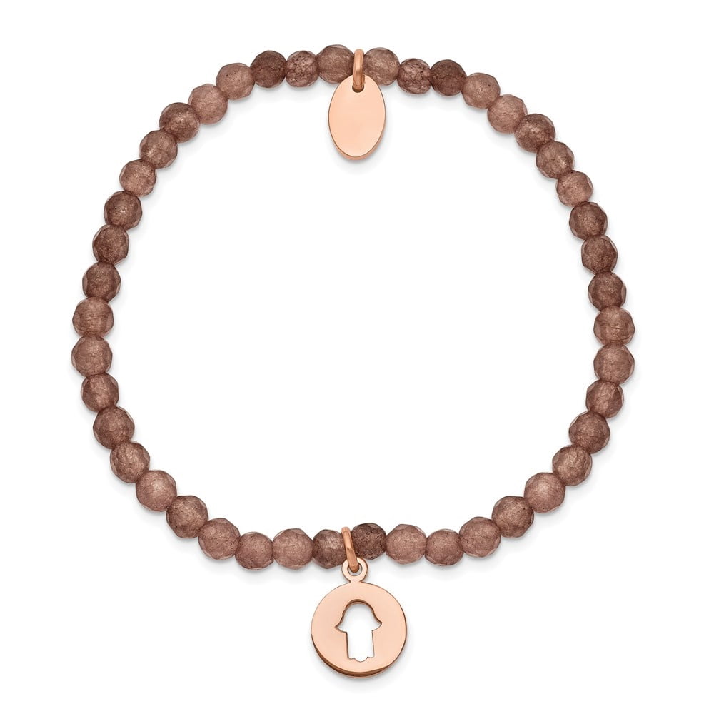 Diamond2Deal Stainless Steel Polished Rose IP-Plated Hamsa 4mm Brown Jade Beaded Stretch Bracelet for Women 6.25"