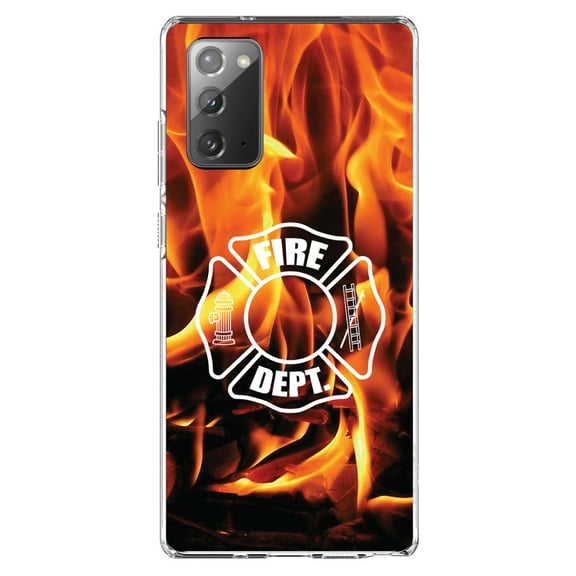 DistinctInk Clear Shockproof Hybrid Case for Galaxy Note 20 ULTRA (6.9" Screen) - TPU Bumper, Acrylic Back, Tempered Glass Screen Protector - Flames Fire Department Maltese Cross - First Responders