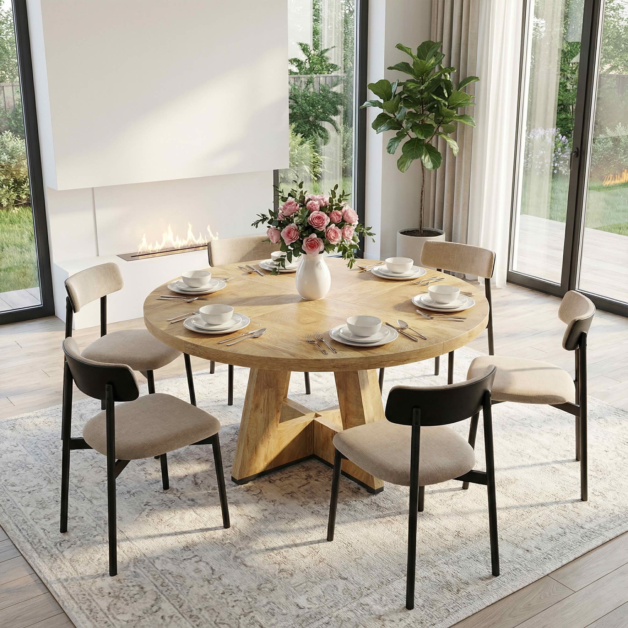 MAYEERTY 47 Inch Farmhouse Round Dining Table, Wooden Kitchen Dinner Table for 4 People with Sturdy Metal Frame