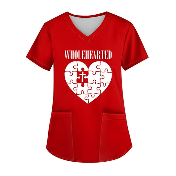 Print Nursing Uniforms for Women Love Heart Printed V Neck Breathable Scrub Tops Short Sleeve Professionals Soft Stretch Valentine's Day Workwear Shirt with Pockets 4X-Large