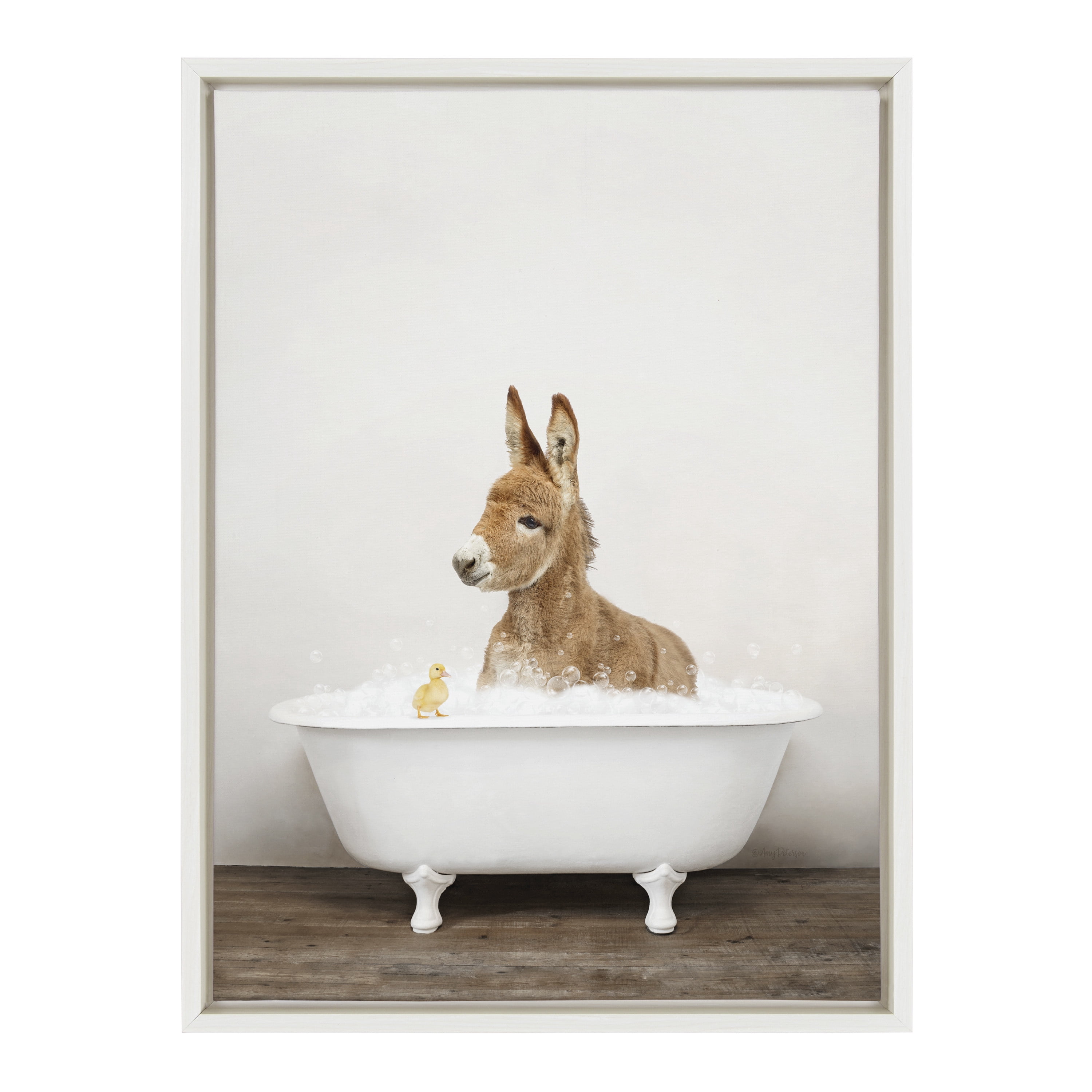 Kate and Laurel Sylvie Baby Donkey in Rustic Bath Framed Canvas Wall Art by Amy Peterson Art Studio, 18x24 White, Modern Fun Decorative Bathtub Wall Art for Home Décor