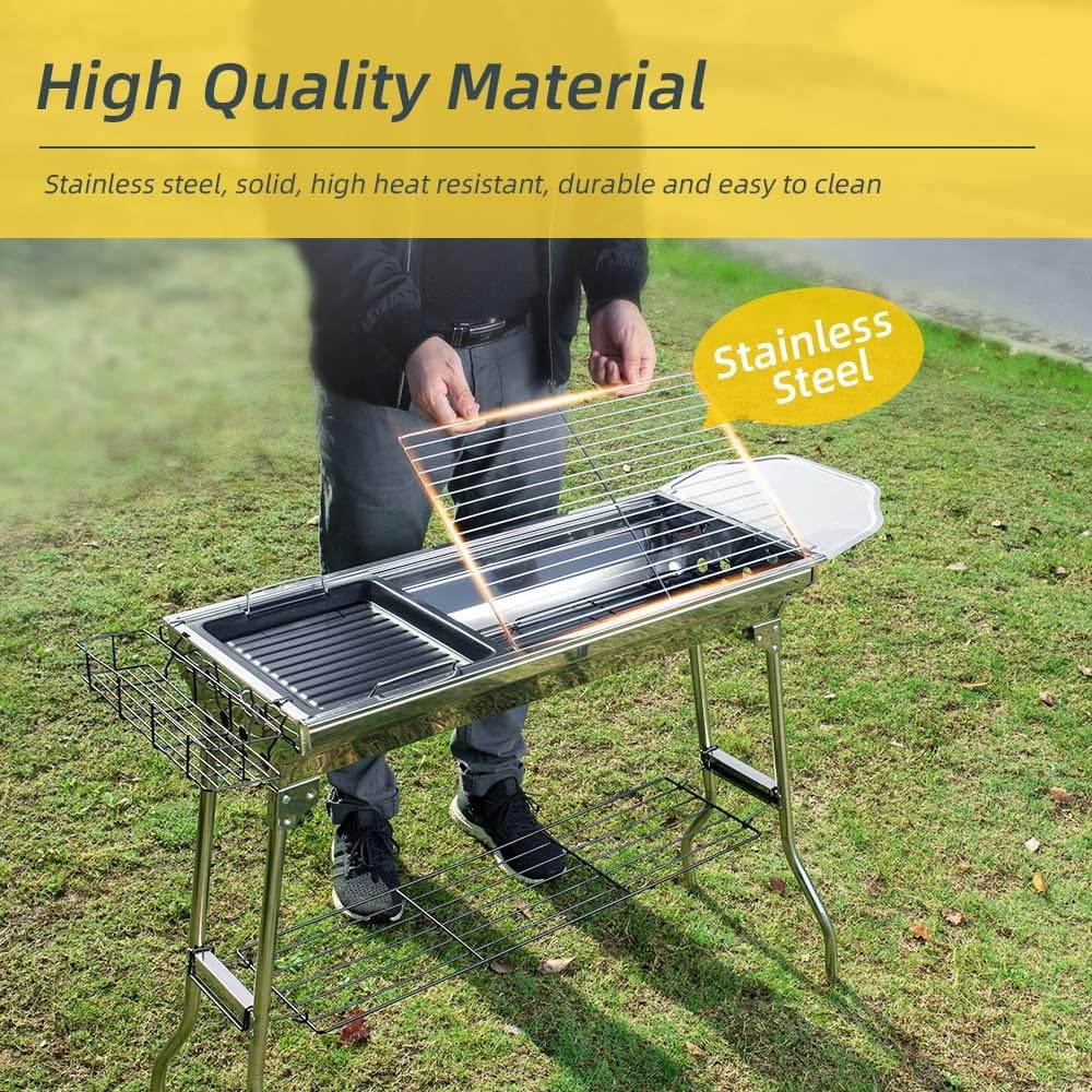 HiiKaa Portable Charcoal Grill,Outdoor BBQ Grill for Christmas Picnic,Family Gathering and Backyard Barbecue with Storage Bag & Non-Stick Frying Pan,Silver