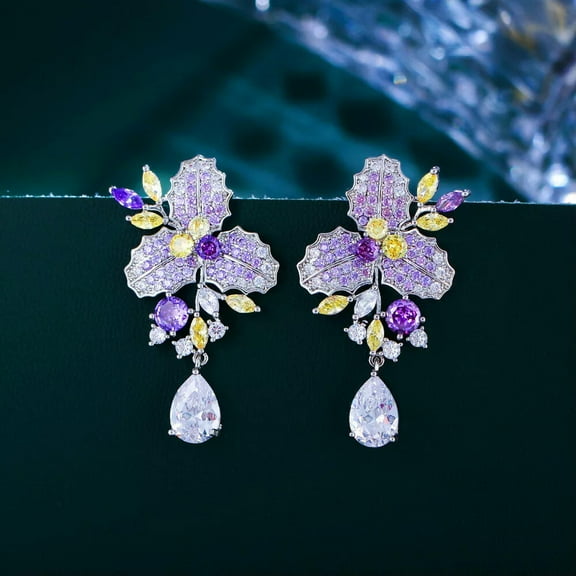Purple Cubic Zircon Leaf Flower Drop Dangle Earring Silver Plated Classy Jewelry