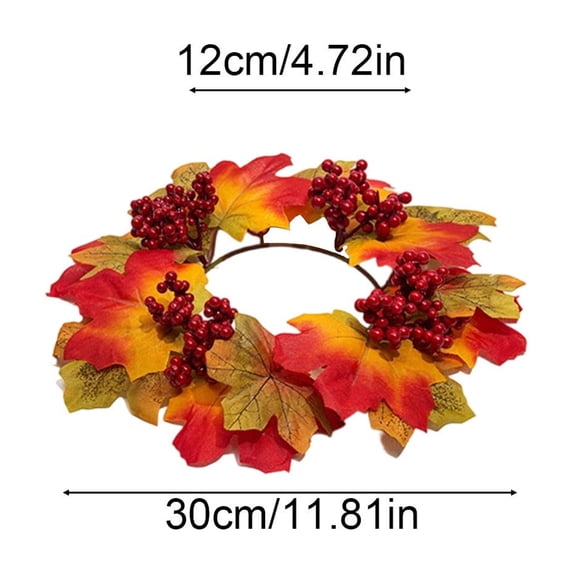 Artificial Fall Candle Wreath, Mini Maple Leaf Wreath with Pumpkin & Berries for Thanksgiving Counter Ornament, Fall Centerpiece Candle Ring for Home Mantel Fireplace