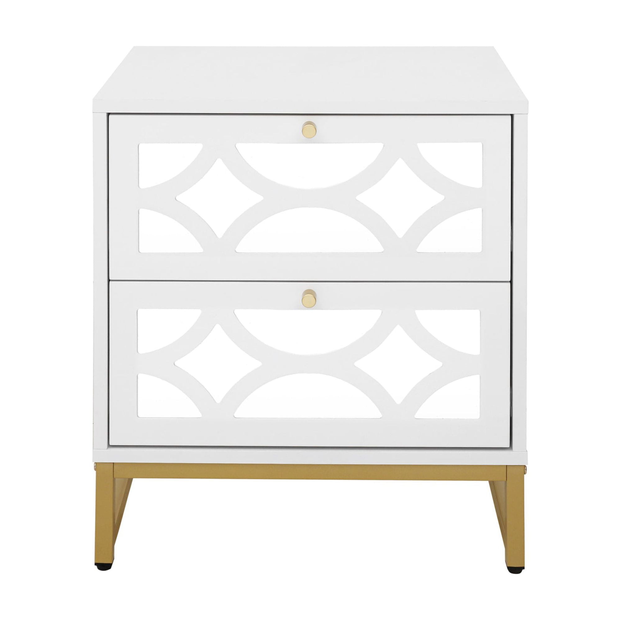 Resenkos Modern Mirrored Nightstand with 2 Drawers for Bedroom, White Storage Bedside Table with Golden Leg