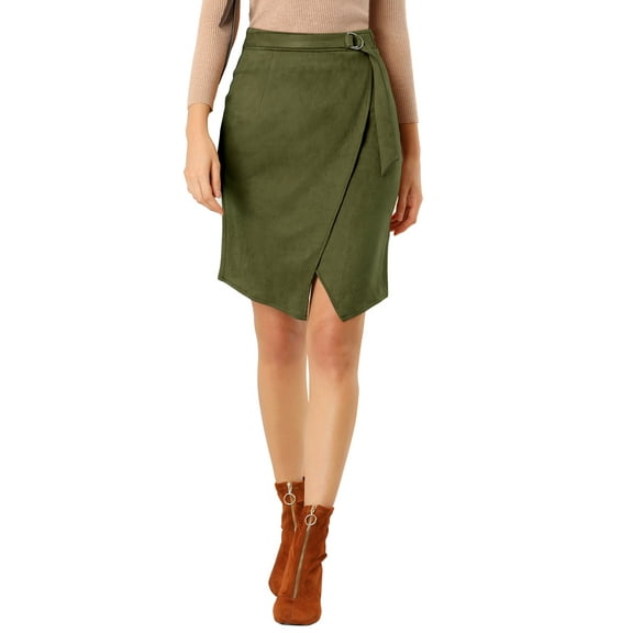 INSPIRE CHIC Women's A-Line Front Slit Knee Length Wrap Faux Suede Skirt L Dark Green