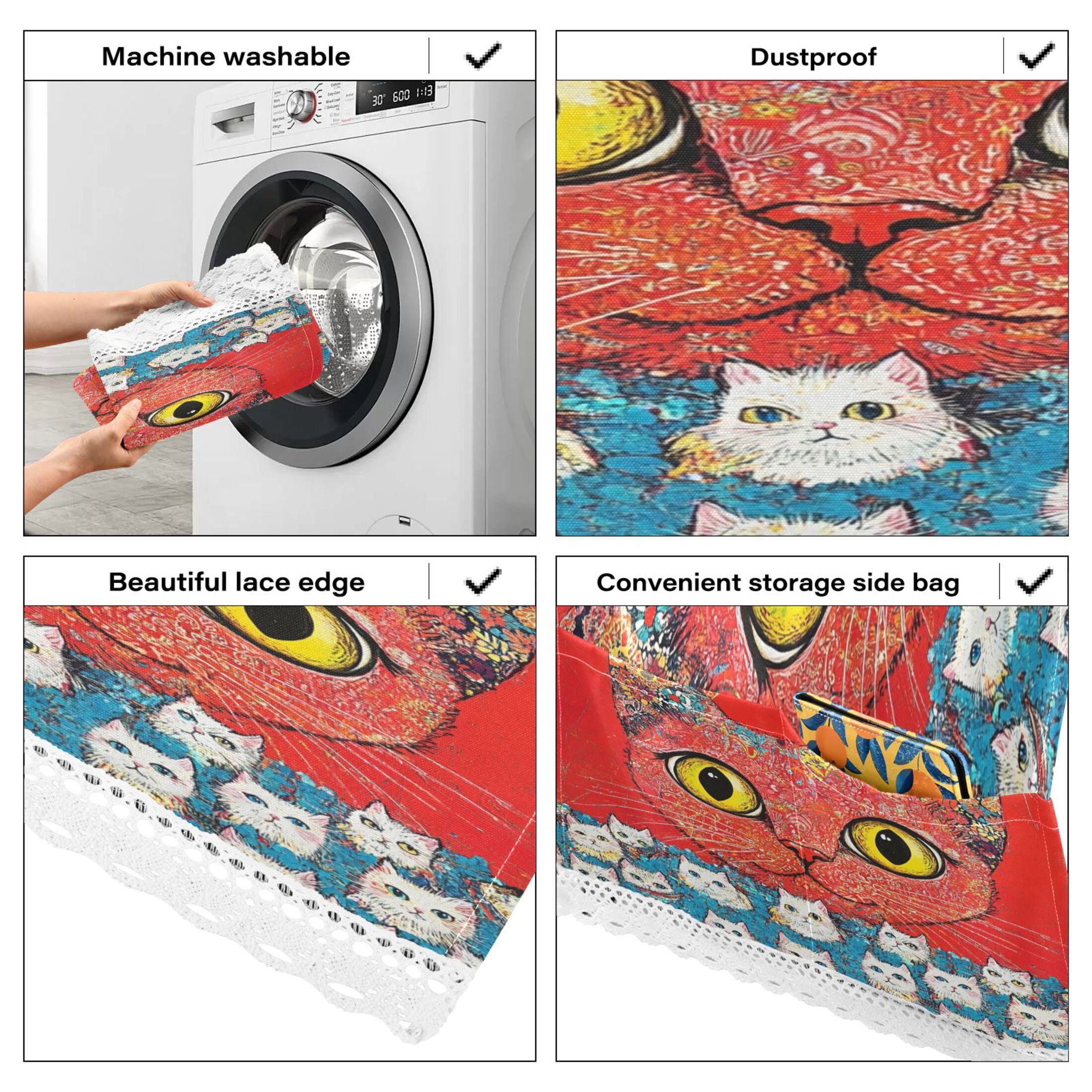 Washing Machine Cover 51.2x22in, Durable Polyester Dust Cover with Lace Trim and Side Pocket for Appliances Graffiti Cat