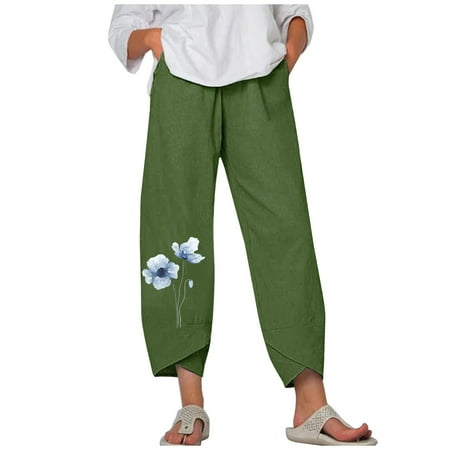 

Charella Cotton Baggy Pants for Women Dandelion Printed High Waisted Straight Pants Tube Petal Linen Versatile Regular Work Pant X3*Army Green S