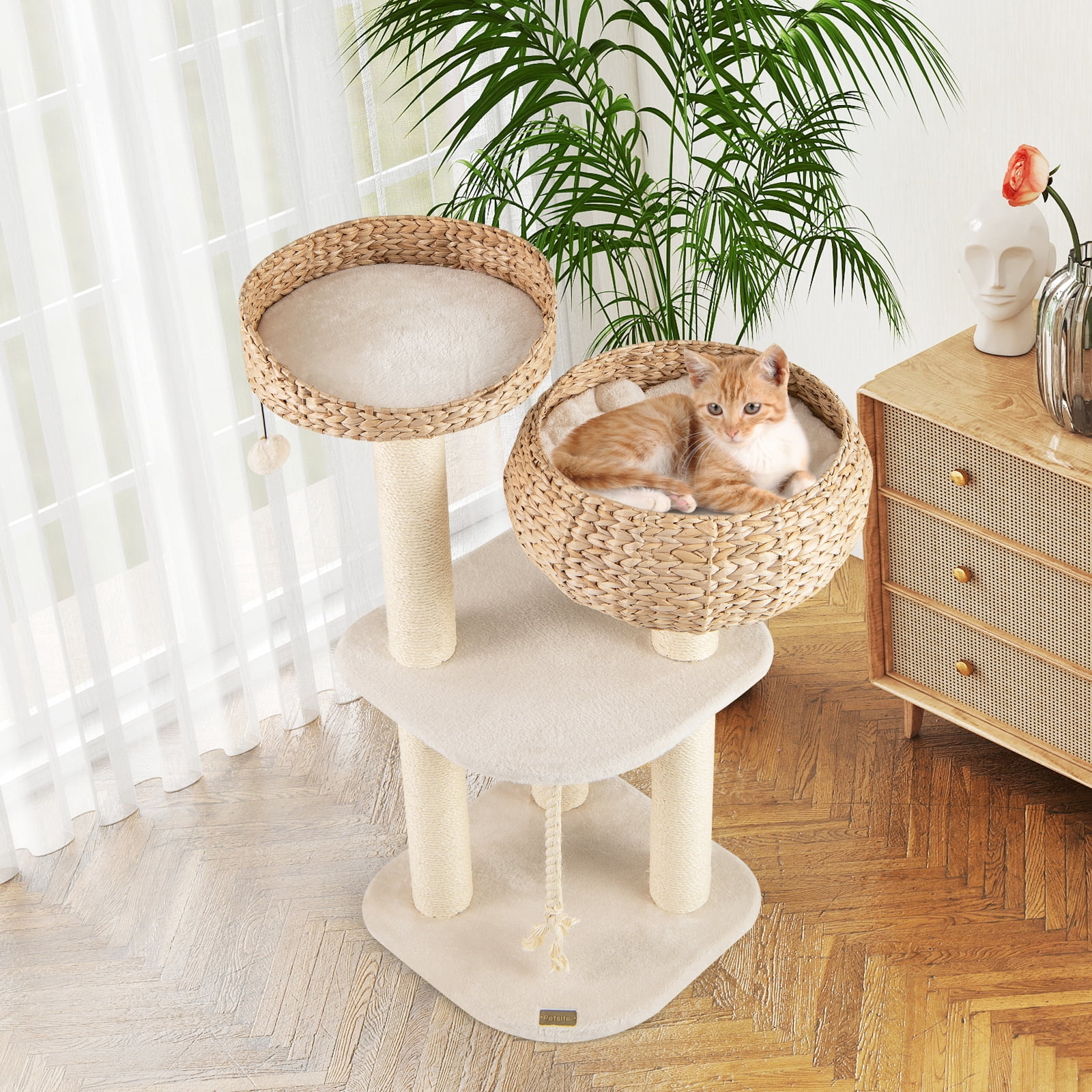 Gymax 41'' Hand-Made Cat Tree Tower Natural Bowl Shaped w/ 2 Perch