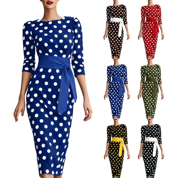 Women's Vintage Polka Dot Midi Dress, Crew Neck 3/4 Sleeve Self Tie Waist Slim Bodycon Knee-Length Pencil Dress Blue XL(XL)
