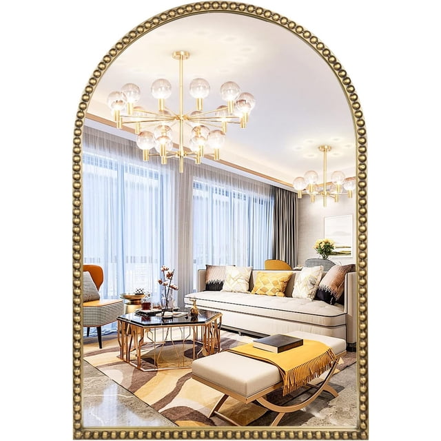 Espejo de pared arqueado para baño, marco de abalorio de metal de 20 x 30 pulgadas, espejo decorativo y moderno para colgar en la pared para baño, recámara, sala de estar, entrada, oro